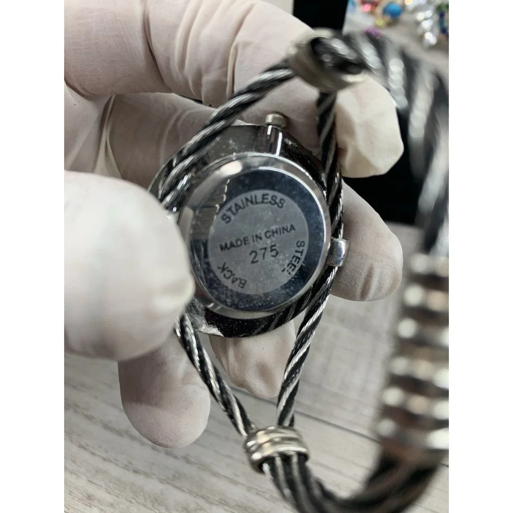 Dandy Watch Women's Silver Toned Black Cable Braided Bangle Analog Needs Battery